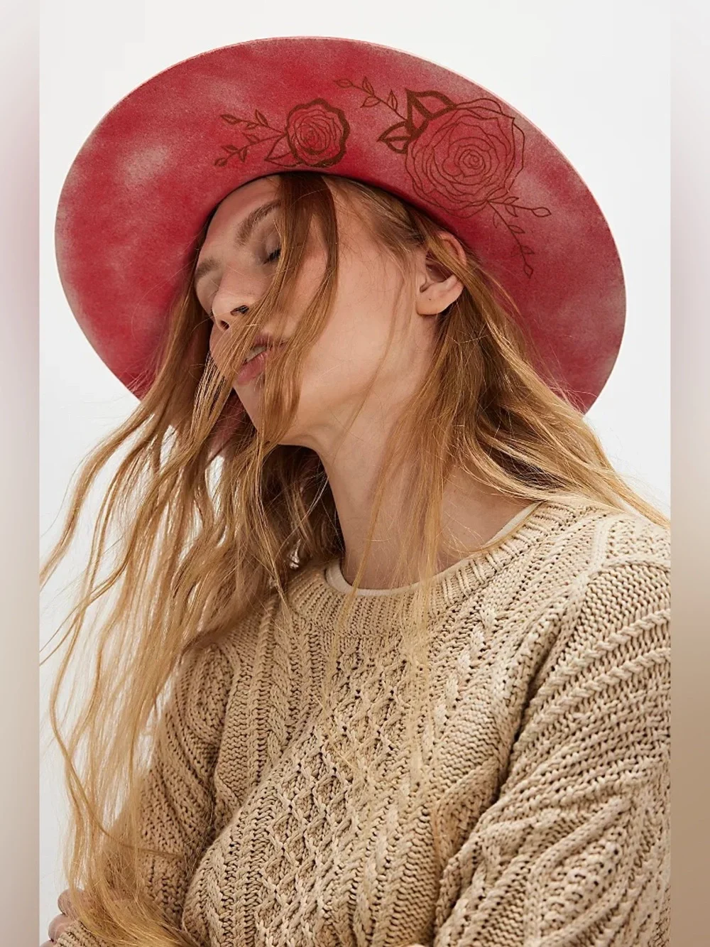New Free People FP Pink Cami Washed Brim Embossed Jeweled Cowboy Western Hat